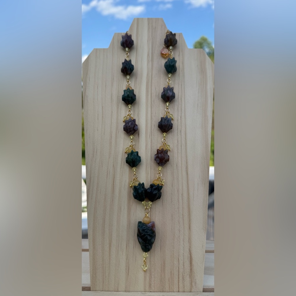 Handcrafted Carved Dragon necklace with Agate and Crystal and Matching Earrings - Picture 2 of 4
